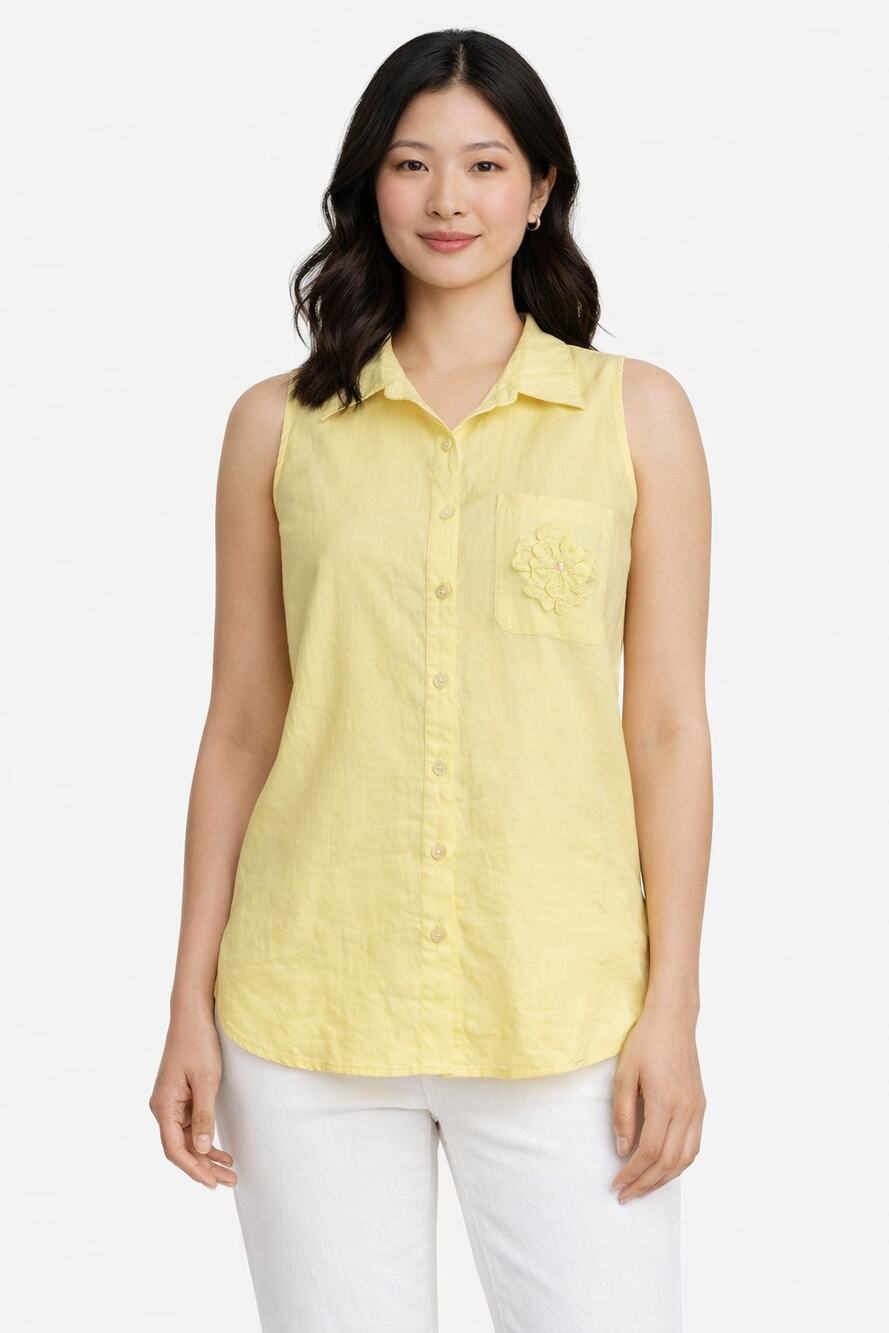 Anne Carson Linen Button Up Shirt Tank Top Sleeveless Yellow Womens Size Medium